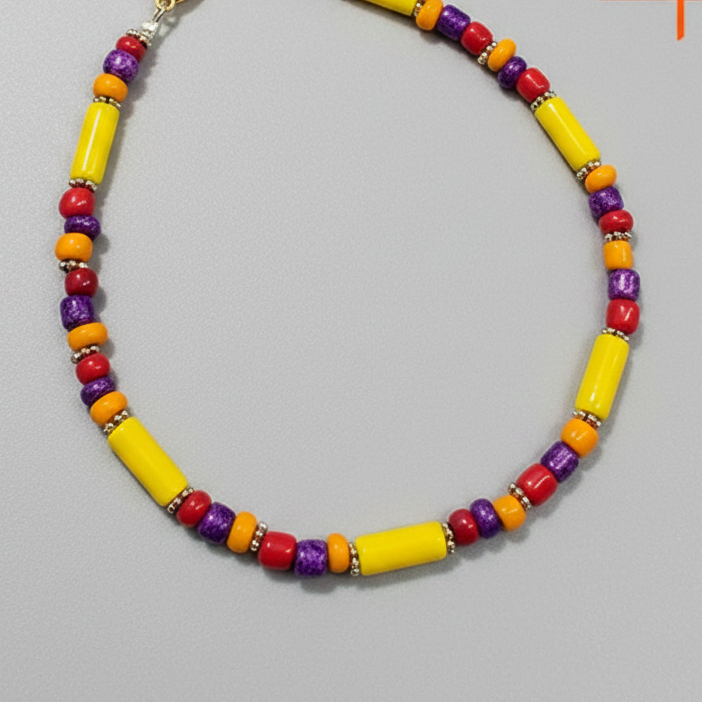 Handcrafted Multicolour Pipe & Bead Anklet – Yellow, Purple & Red