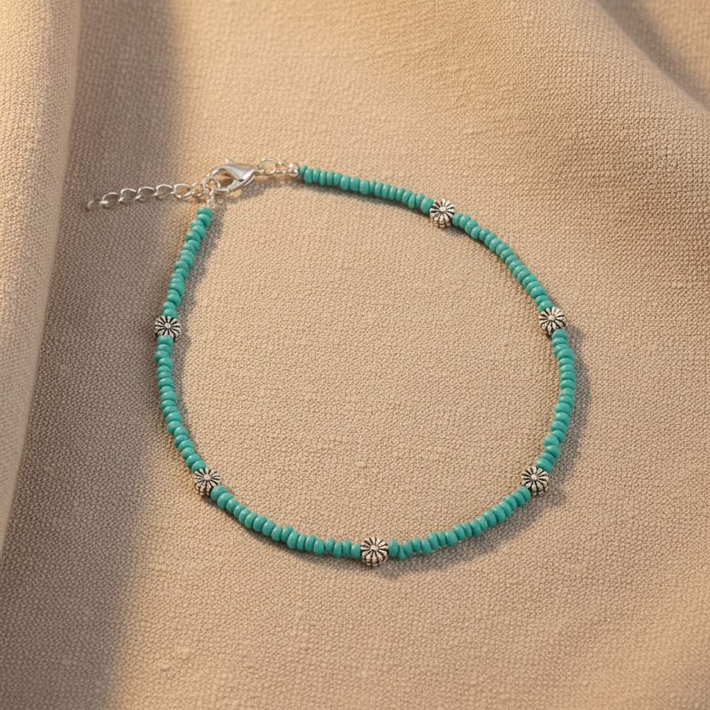 Glass Beaded Dandelion Charm Anklet : Turquoise
