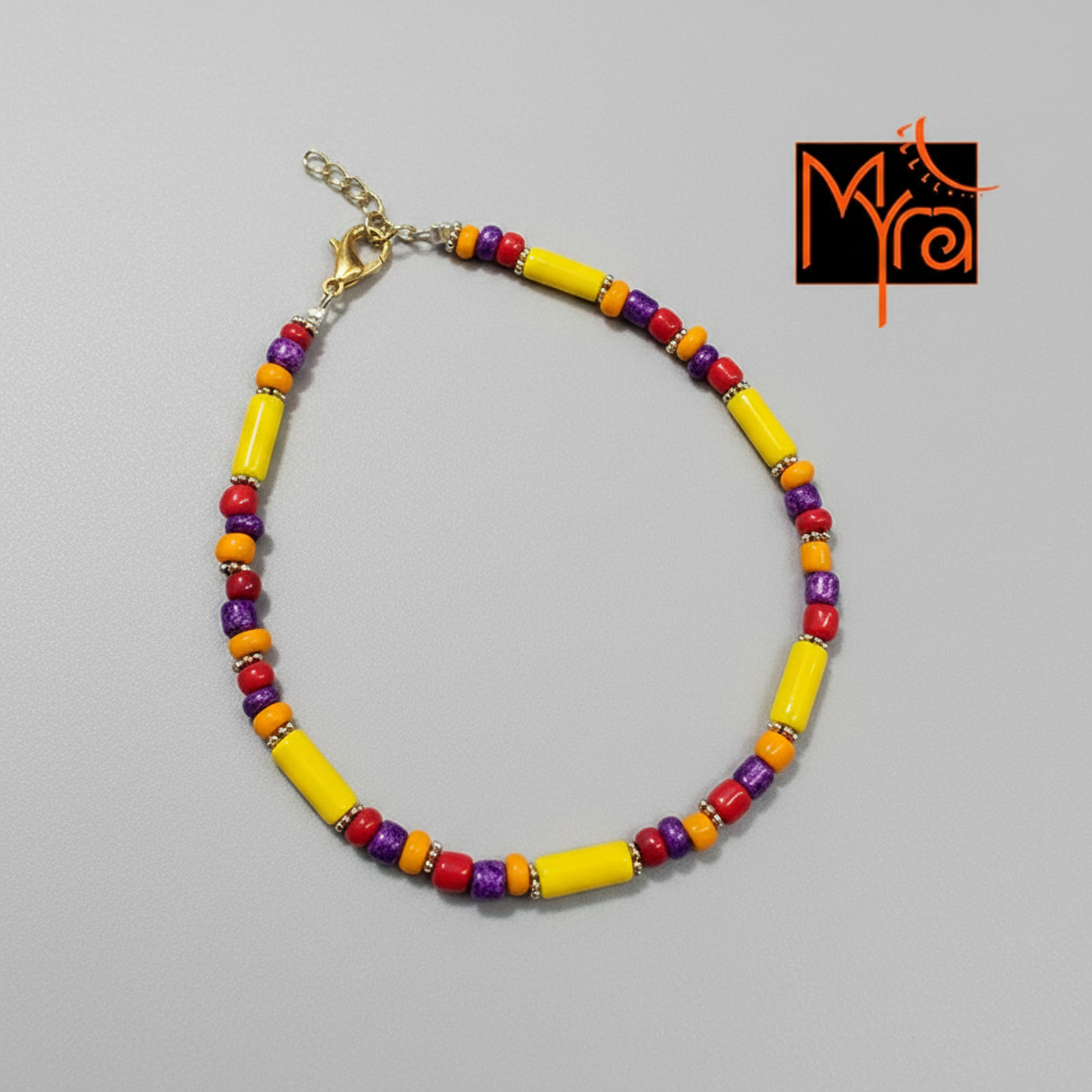 Handcrafted Multicolour Pipe & Bead Anklet – Yellow, Purple & Red