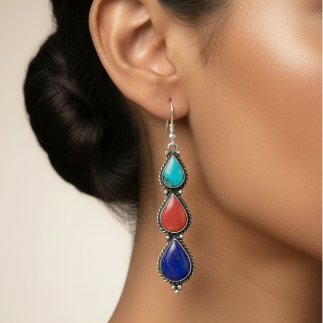 Triple Teardrop Earring : Turquoise, Blue, Red