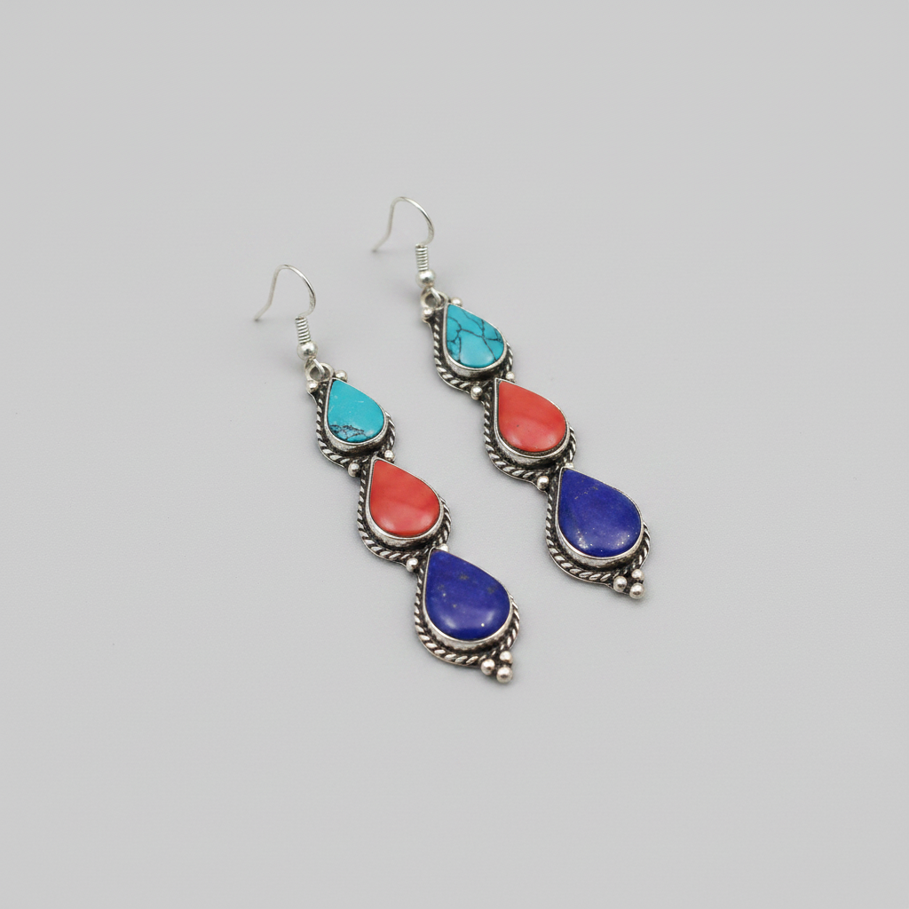 Triple Teardrop Earring : Turquoise, Blue, Red