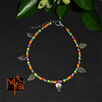 Glass Beaded Anklet with Leaf Charms : Multicolor