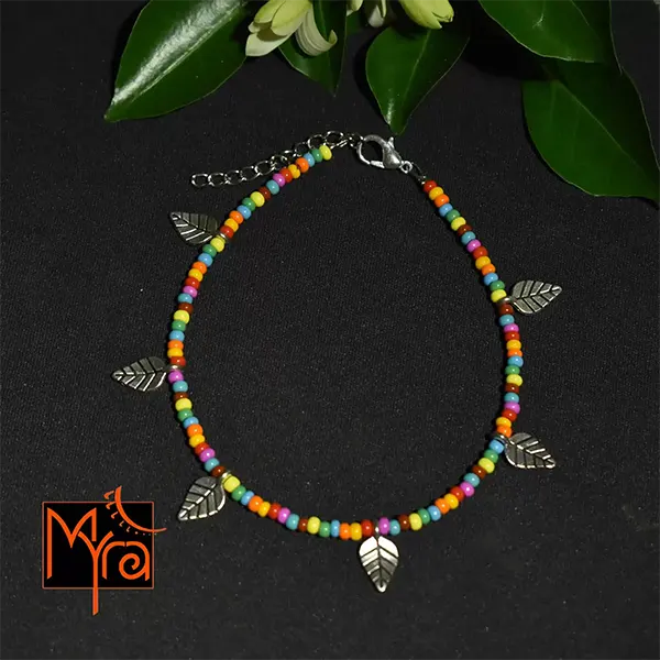 Glass Beaded Anklet with Leaf Charms : Multicolor