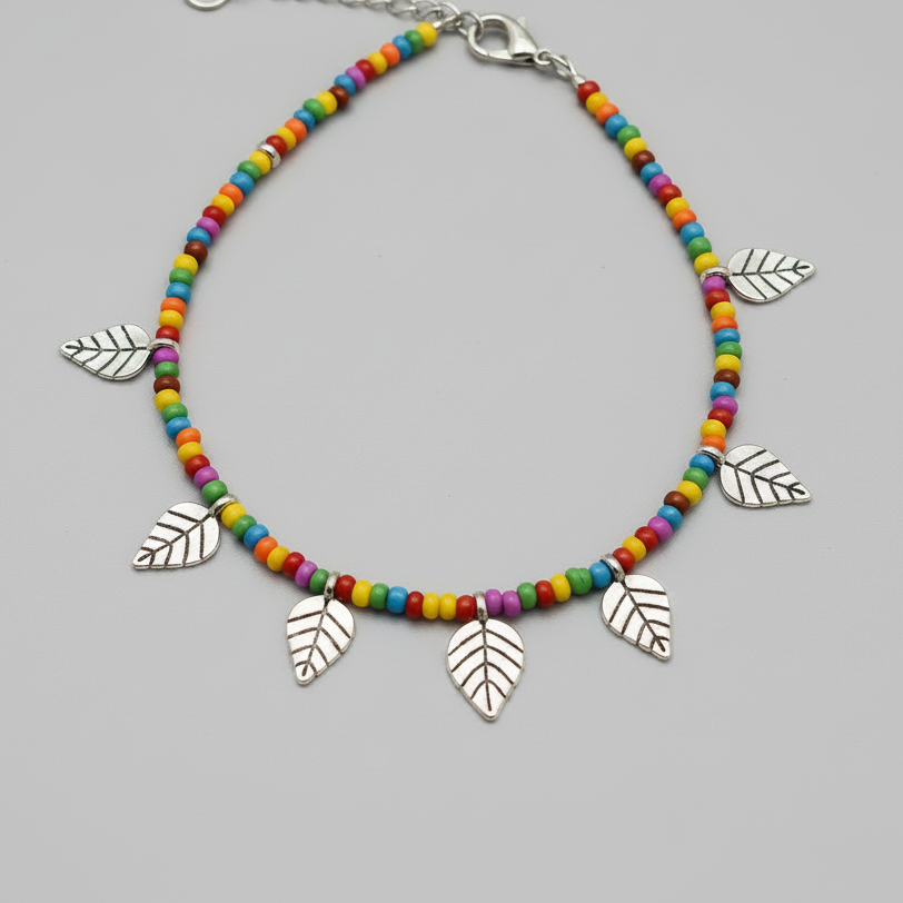 Handcrafted Multicolour Glass Beaded Anklet with Leaf Charms