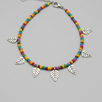 Handcrafted Multicolour Glass Beaded Anklet with Leaf Charms