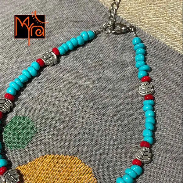 Turquoise & Red Beaded Anklet with Charms