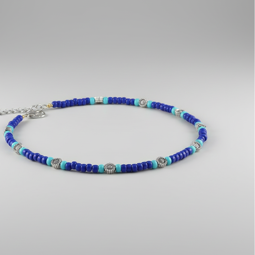Navy Blue & Turquoise Beaded Charm Anklet