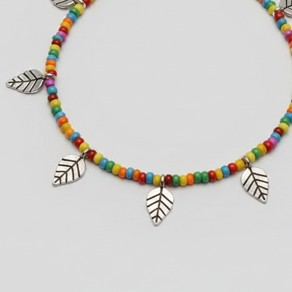 Handcrafted Multicolour Glass Beaded Anklet with Leaf Charms