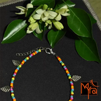 Glass Beaded Anklet with Leaf Charms : Multicolor