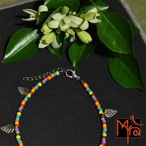 Glass Beaded Anklet with Leaf Charms : Multicolor