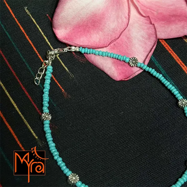 Glass Beaded Dandelion Charm Anklet : Turquoise