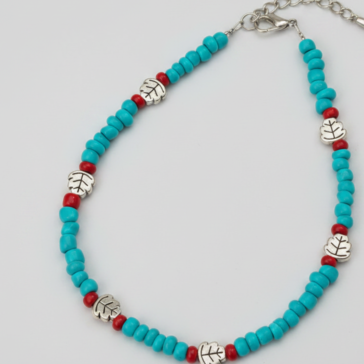 Turquoise & Red Beaded Anklet with Charms