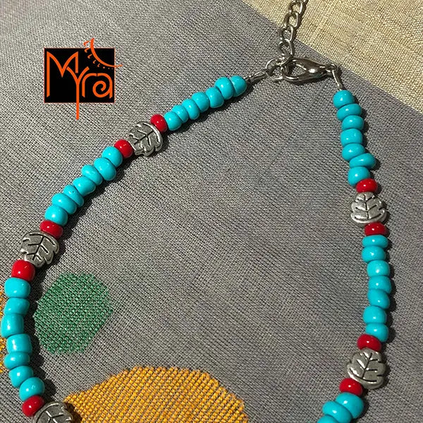 Turquoise & Red Beaded Anklet with Charms