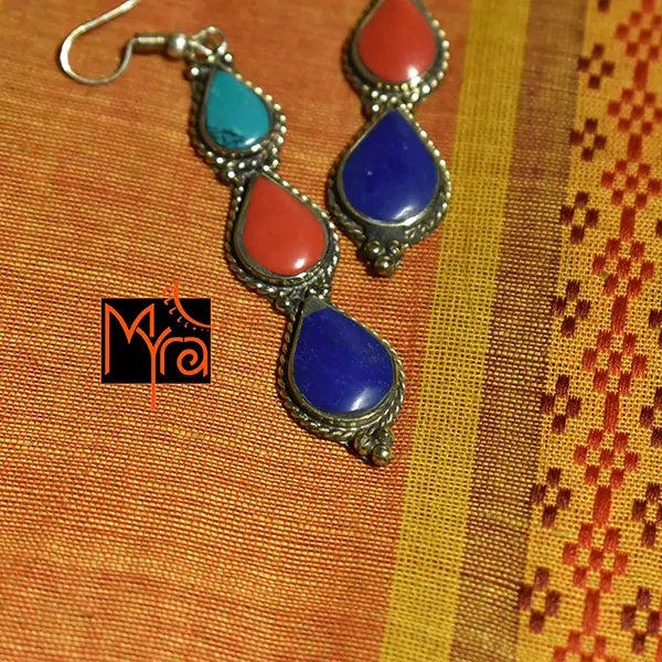 Triple Teardrop Earring : Turquoise, Blue, Red