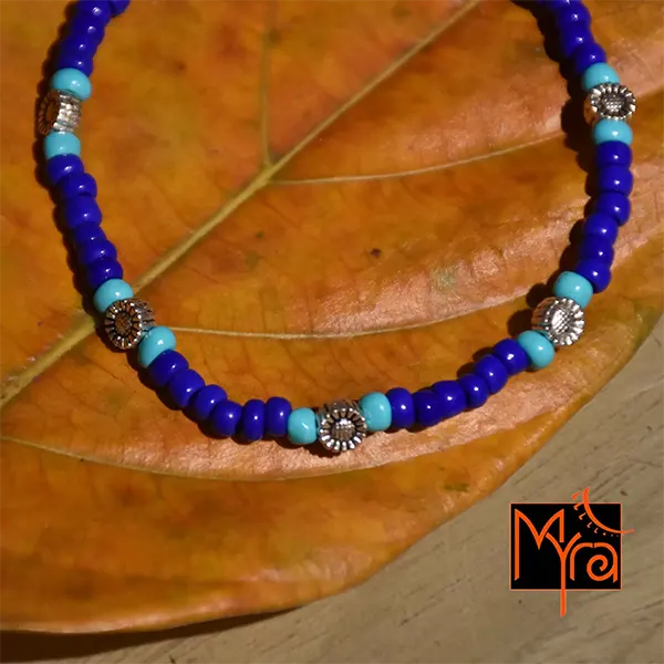 Navy Blue & Turquoise Beaded Charm Anklet