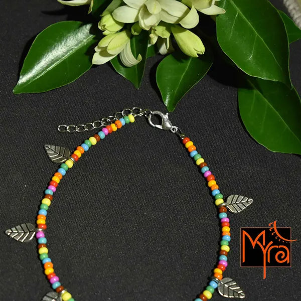 Glass Beaded Anklet with Leaf Charms : Multicolor