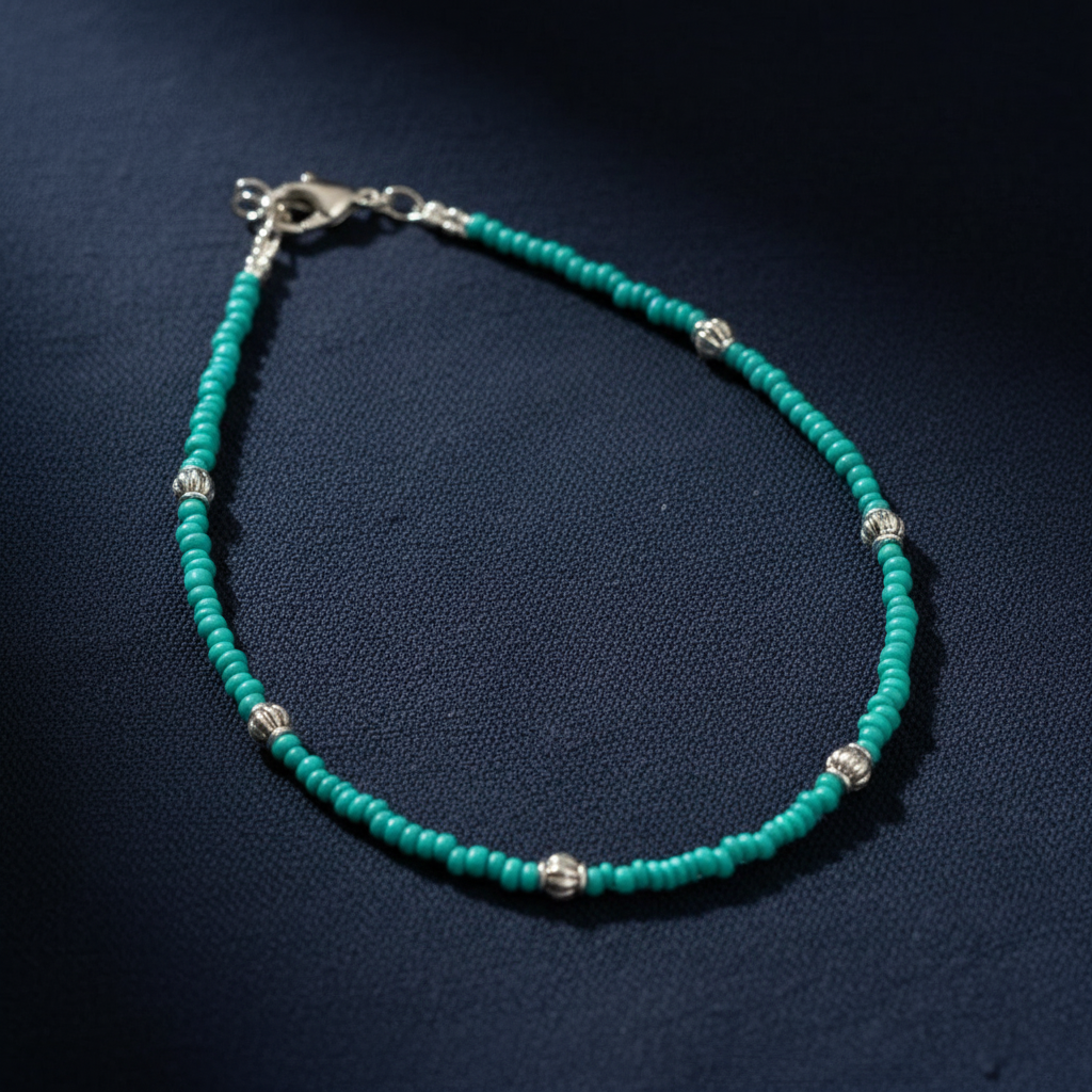 Glass Beaded Charm Anklet : Turquoise