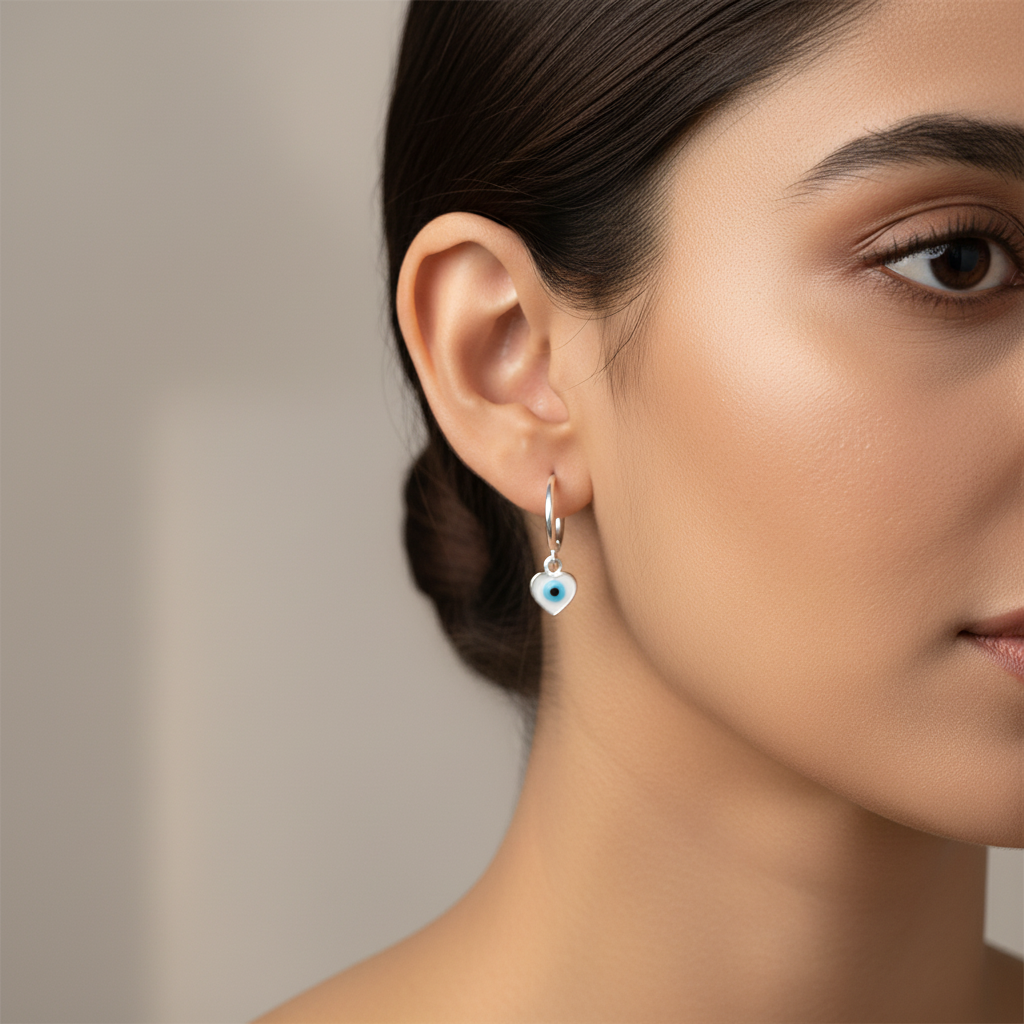 Pure Silver Earring with Evil Eye (Heart)