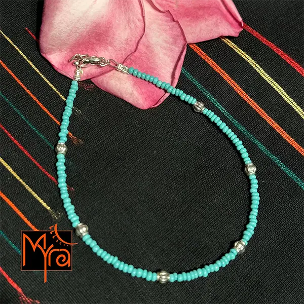 Glass Beaded Charm Anklet : Turquoise
