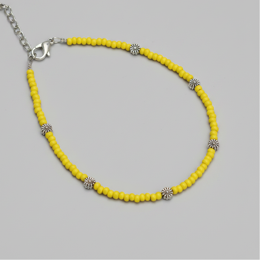 Glass Beaded Anklet with Dandelion Charms : Yellow