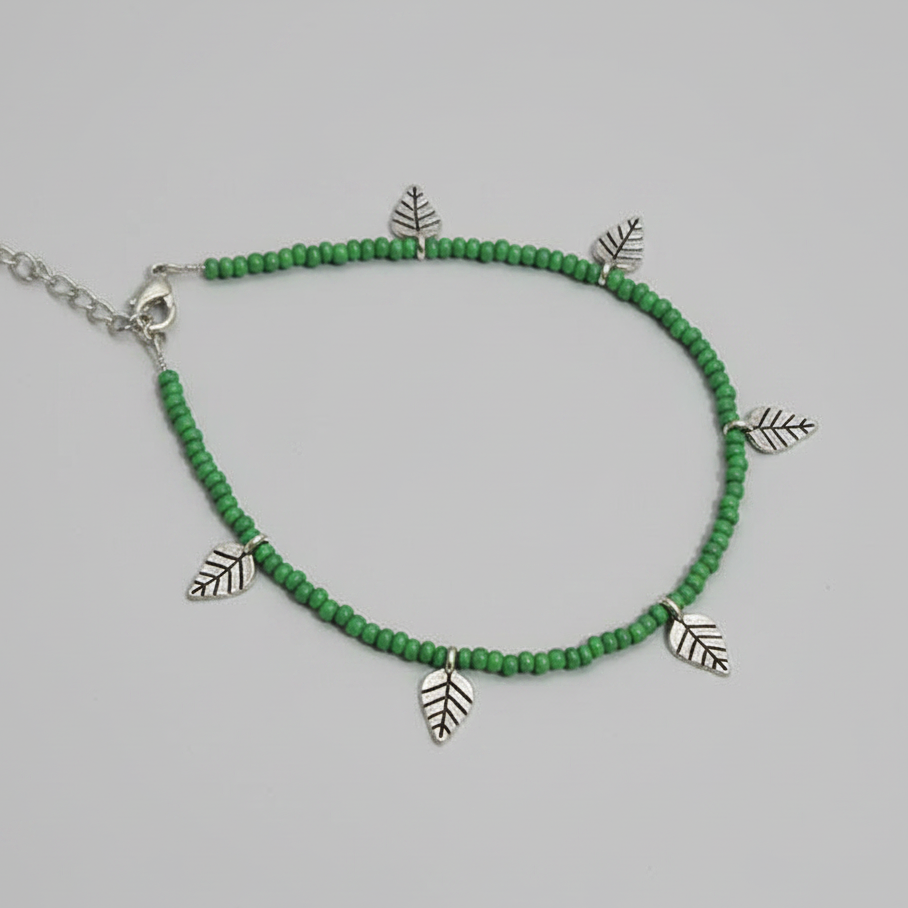 Handcrafted Green Glass Beaded Anklet with Leaf Charms
