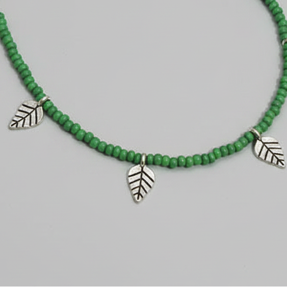Handcrafted Green Glass Beaded Anklet with Leaf Charms