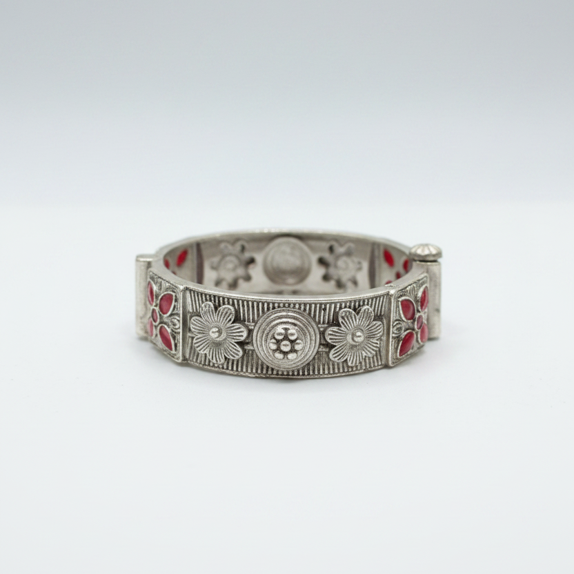 Gulabi Phool Bahaar | Pink Stone Flower German Silver Bracelet