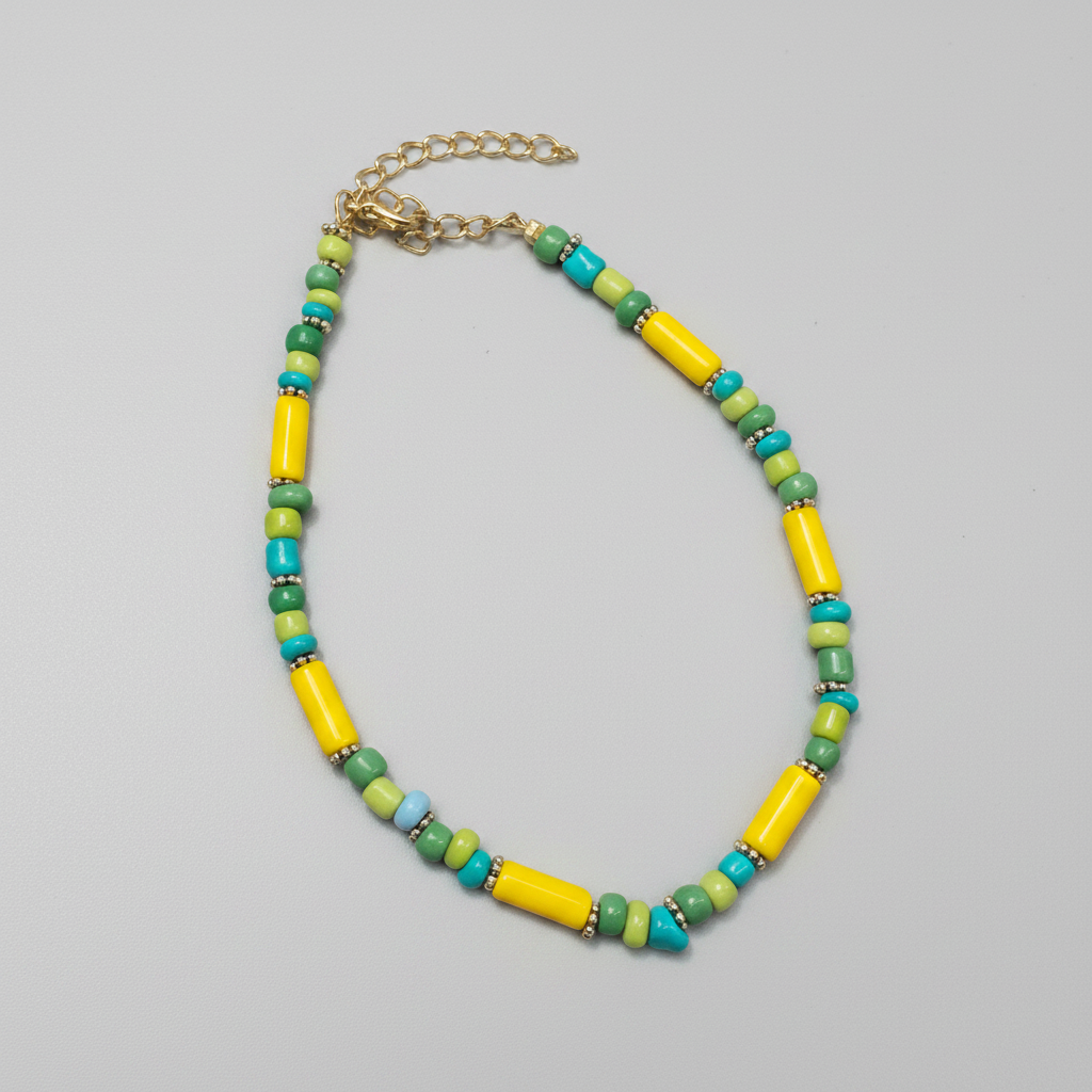 Handcrafted Multicolour Pipe & Bead Anklet – Yellow, Green & Blue