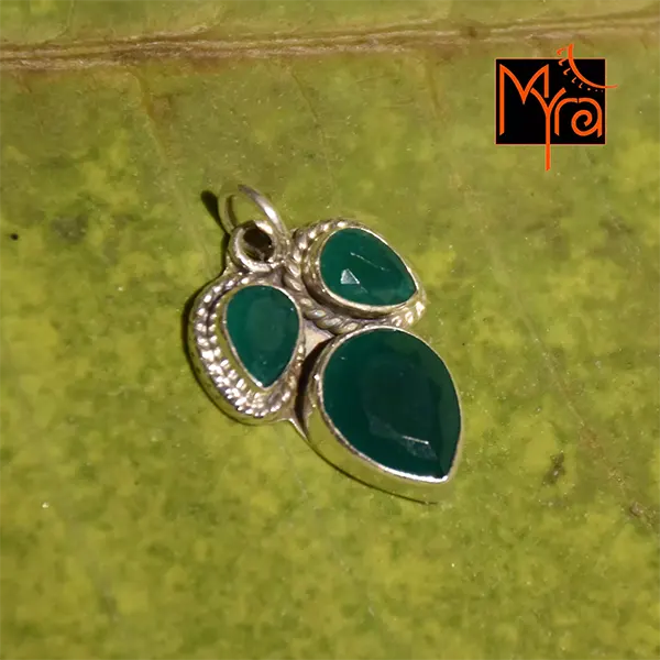 Three Leaf Green Onyx Pendant 92.5 sterling silver MYRA