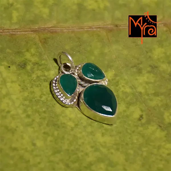 Buy three leaf green onyx silver pendant online India MYRA