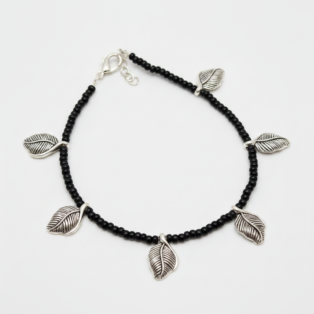 Leaf Charm Black Bead Anklet