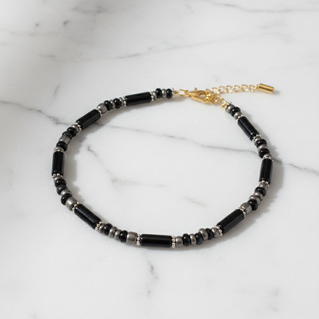 Pipe & Bead Anklet : Black, Grey