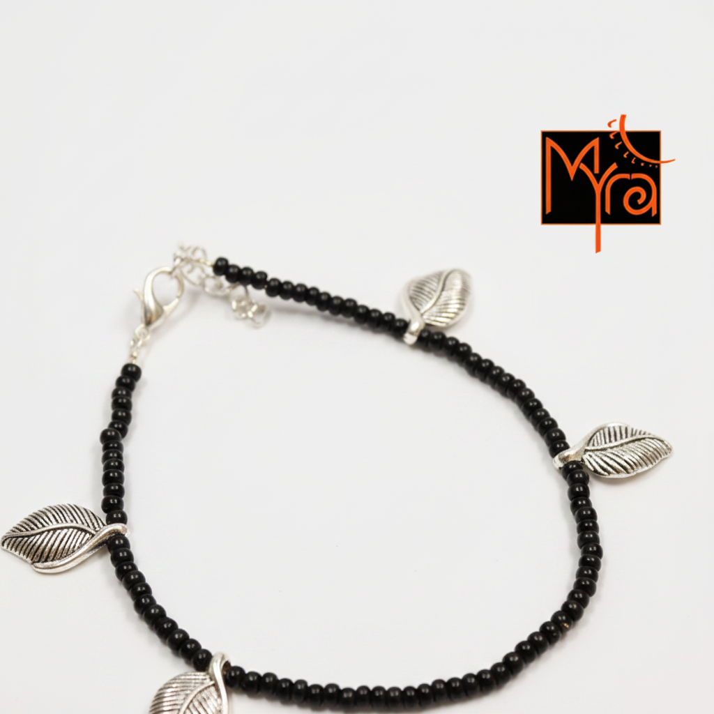 Leaf Charm Black Bead Anklet