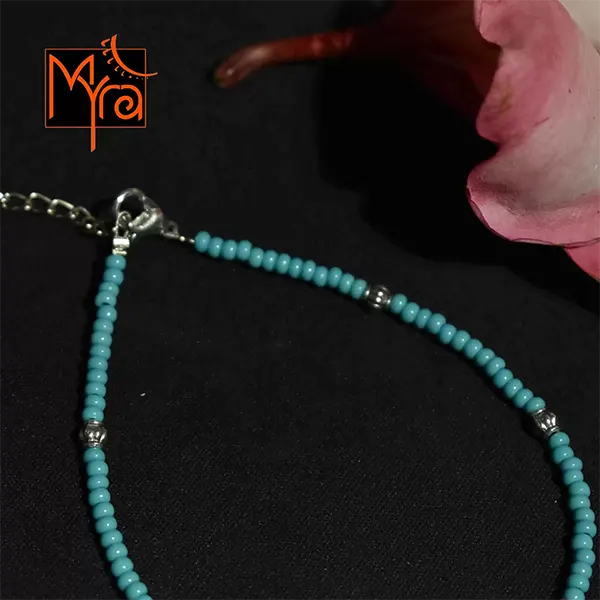 Glass Beaded Anklet with Metal Charms : Turquoise