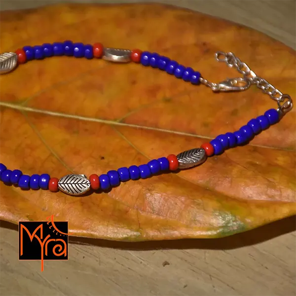 Navy Blue & Red Beaded Charm Anklet