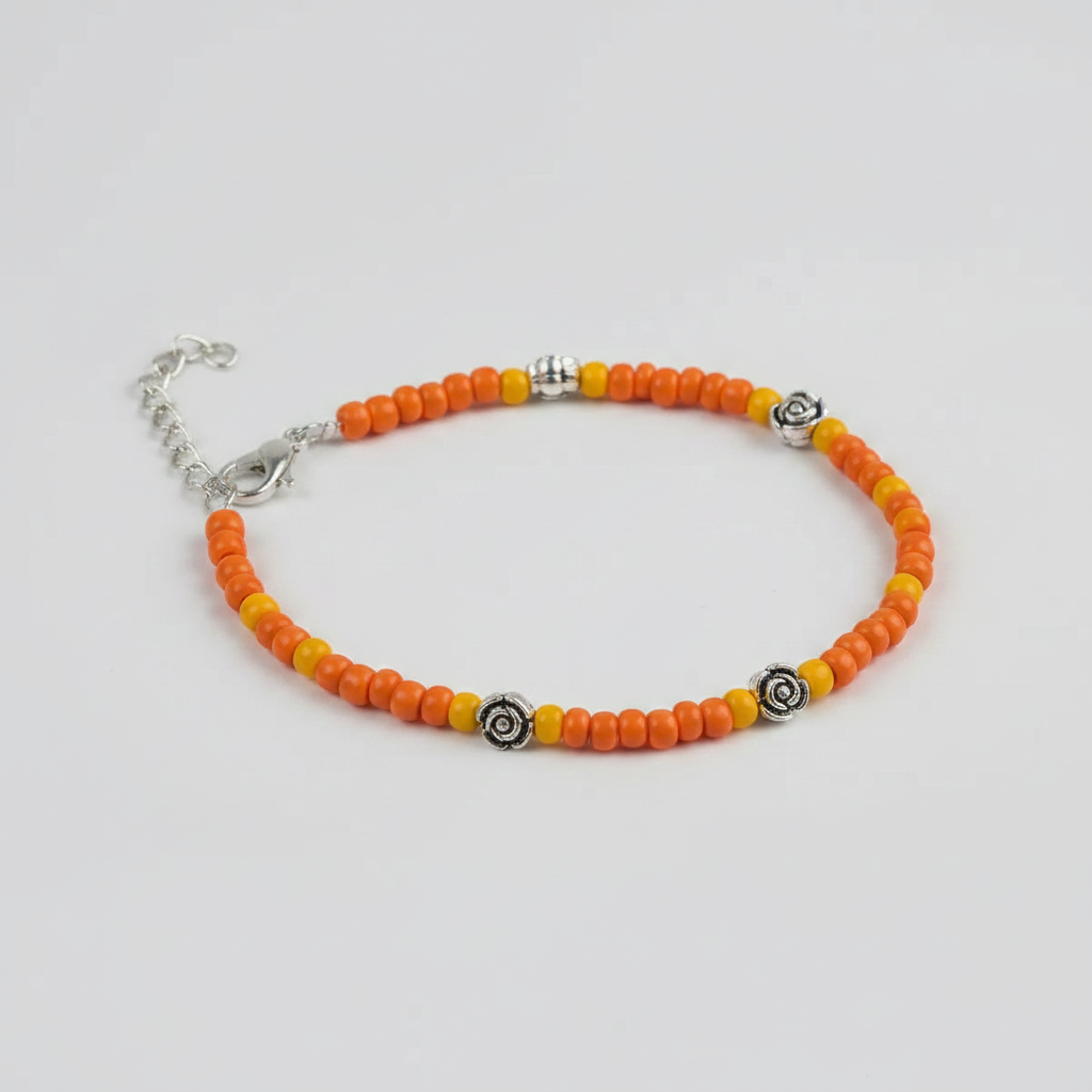 Handcrafted Orange Glass Beaded Anklet with Rose Charms