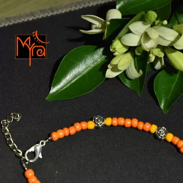 Glass Beaded Anklet with Rose Charms : Orange