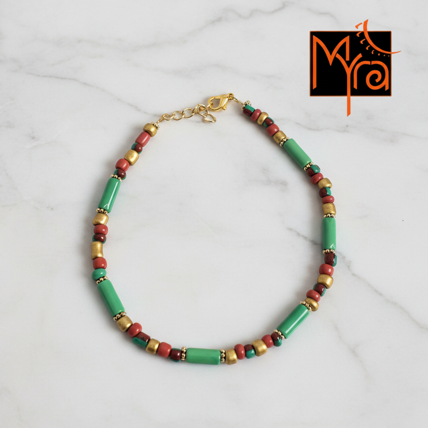 Pipe & Bead Anklet : Green, Brown, Golden