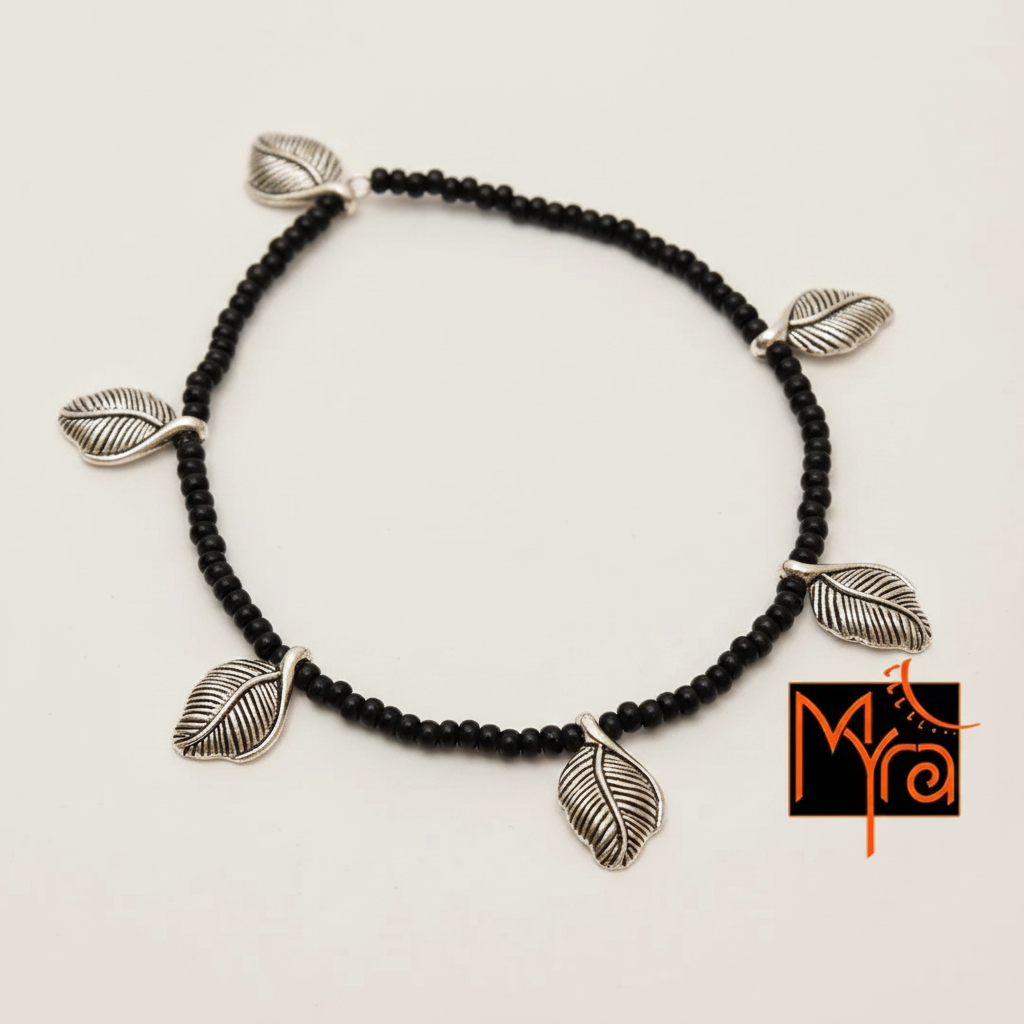 Leaf Charm Black Bead Anklet