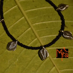 Silver Round Leaf Charm Black Bead Anklet