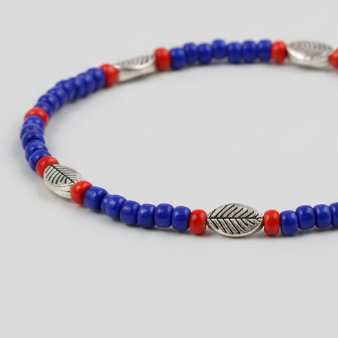 Navy Blue & Red Beaded Charm Anklet