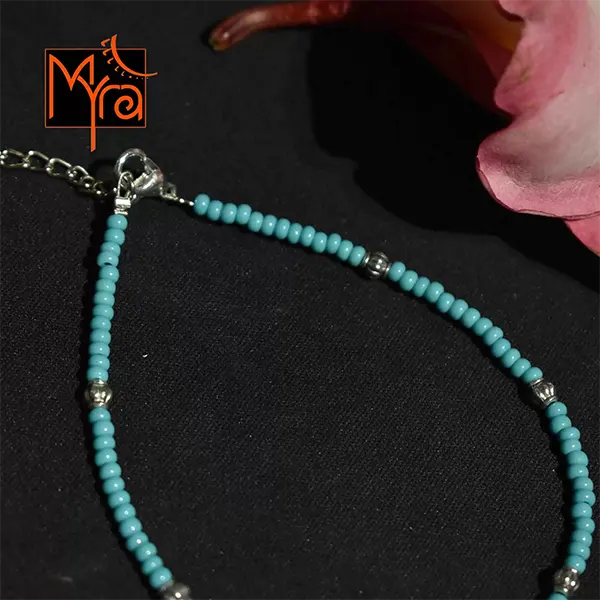 Glass Beaded Anklet with Metal Charms : Turquoise