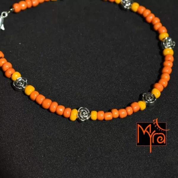 Glass Beaded Anklet with Rose Charms : Orange