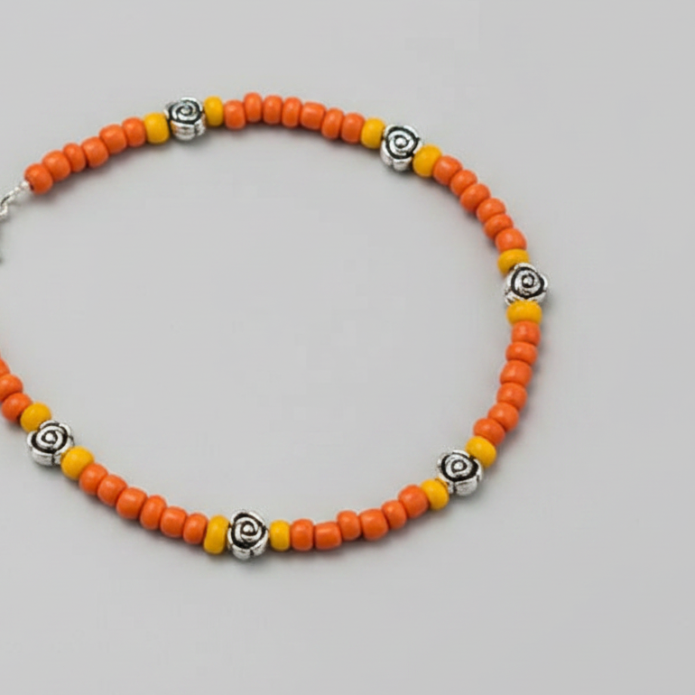 Handcrafted Orange Glass Beaded Anklet with Rose Charms