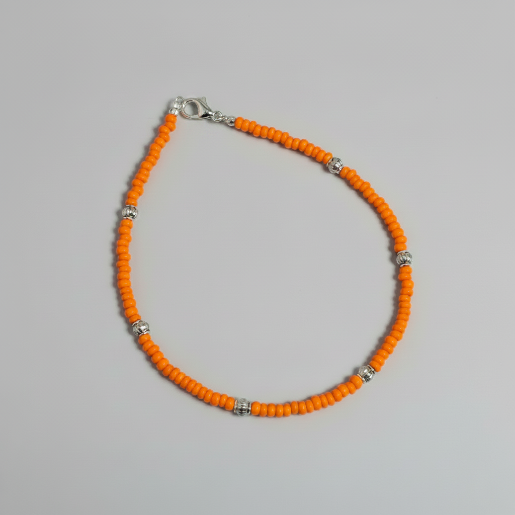 Handcrafted Orange Glass Beaded Anklet with Dandelion Charm