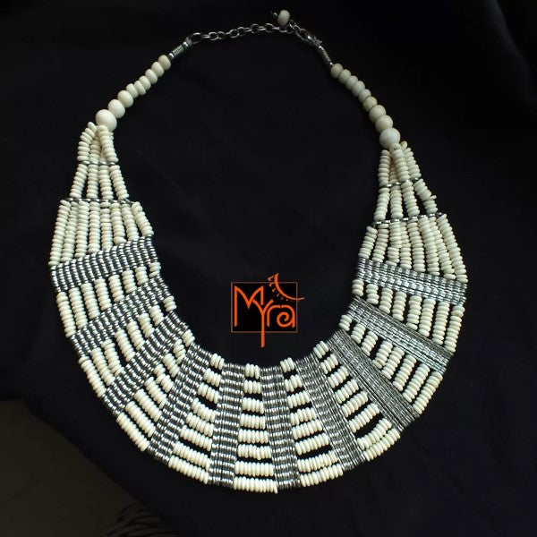 Eight Layer Wooden Beaded Statement Necklace : Off White