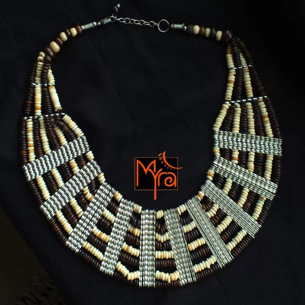 Eight Layer Wooden Beaded Statement Necklace : Off White & Brown