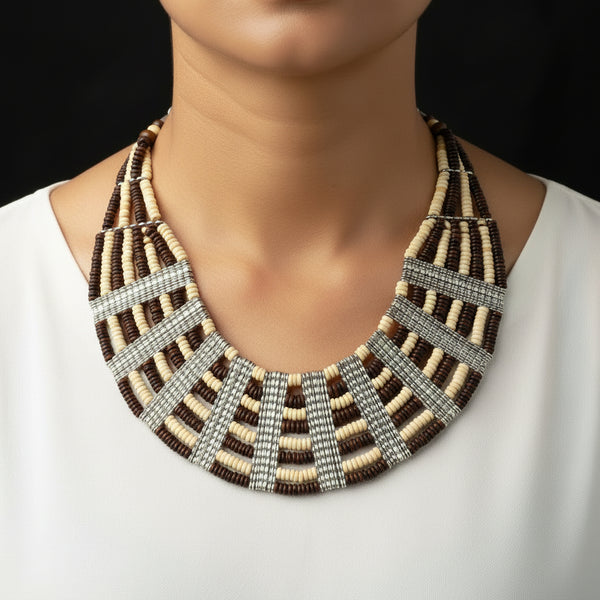 Handmade Eight-Layer Wooden Beaded Statement Necklace (Off White & Brown)