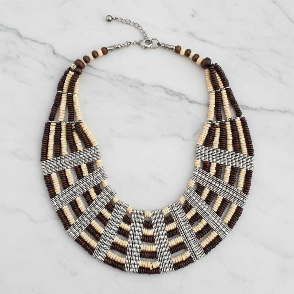 Handmade Eight-Layer Wooden Beaded Statement Necklace (Off White & Brown)