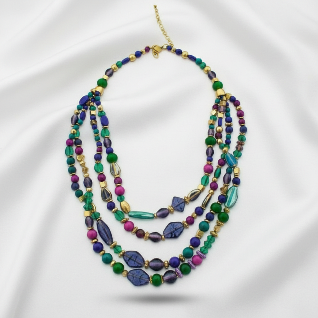 Purple & Green Stone Beaded Layered Statement Necklace